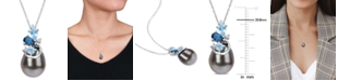 Macy's Cultured Tahitian Pearl (9-10mm), Blue Topaz (5/8 ct. t.w.), & Diamond Accent 17" Pendant Necklace in 14k White Gold